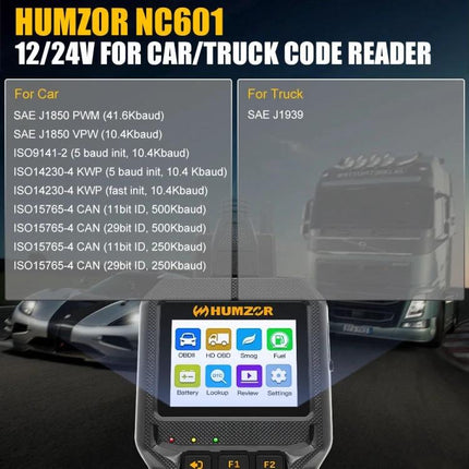 Essential HUMZOR Device for Daily Vehicle Maintenance Tasks - HUMZOR NC601 OBD2 code reader with car and truck diagnostics screen