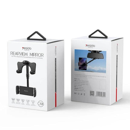 Yesido Car Rearview Mirror Phone Holder For Hands Free Driving 3 Axis shown in retail packaging with product mounted on mirror, adjustable 3-axis arm