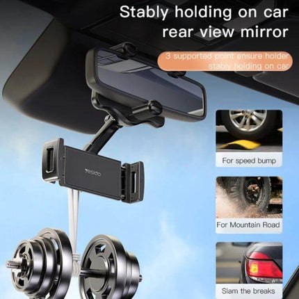 Yesido Car Rearview Mirror Phone Holder For Hands Free Driving 3 Axis securely clamped to rearview mirror for navigation hands-free calls and streaming