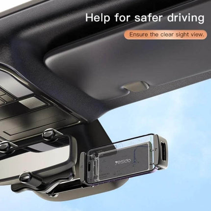 Yesido Car Rearview Mirror Phone Holder For Hands Free Driving 3 Axis mounted on rearview mirror showing 360° rotation and secure clamp for navigation and calls