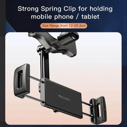 Yesido Car Rearview Mirror Phone Holder For Hands Free Driving 3 Axis showing strong spring clip adjustable 12–25.3cm secure portrait and landscape mount