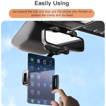 Yesido Car Rearview Mirror Phone Holder For Hands Free Driving 3 Axis securely clamped to mirror showing 360° rotation and portrait-to-landscape adjustment