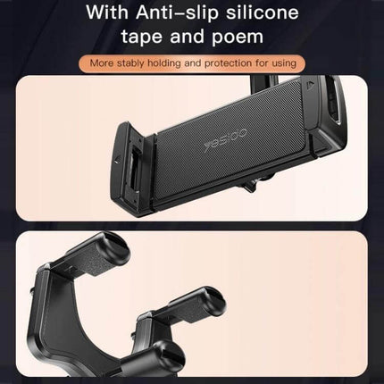 Yesido Car Rearview Mirror Phone Holder For Hands Free Driving 3 Axis showing clamp, anti-slip silicone pads and 360° adjustable arm for navigation and calls