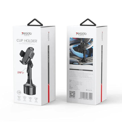 Yesido Car Cup Holder Phone Bracket 320 Degree Adjustable packaged box showing front and back views of the adjustable cup holder mount