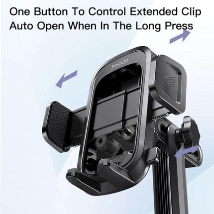 Yesido Car Cup Holder Phone Bracket 320 Degree Adjustable shown mounted, 320° swivel, adjustable cup-holder base and one-button auto-open phone clamp