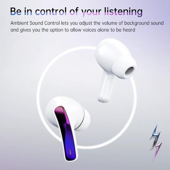 Fingertime Wireless In Ear Earbuds Blue For Commuting showing white earbuds with blue-purple accents and ambient sound control