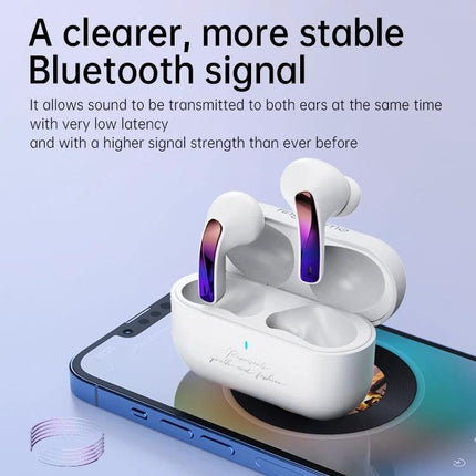 Fingertime Wireless In Ear Earbuds Blue For Commuting compact TWS earbuds in white case on smartphone, ANC, low latency, commuting audio