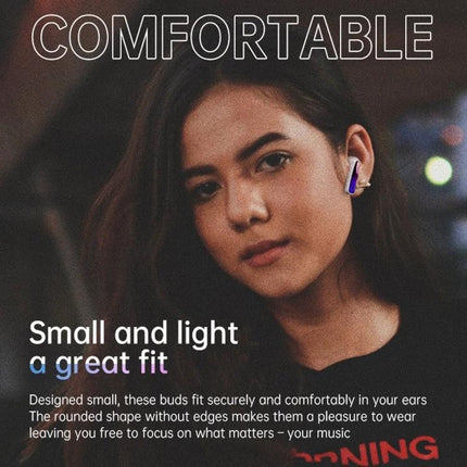 Fingertime Wireless In Ear Earbuds Blue For Commuting in-ear blue TWS earbuds shown worn by woman, compact comfortable fit, ANC
