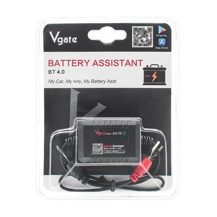 Vgate Device for Daily Car Battery Health Monitoring in retail packaging showing battery assistant BT4.0 with clips and Bluetooth app icons