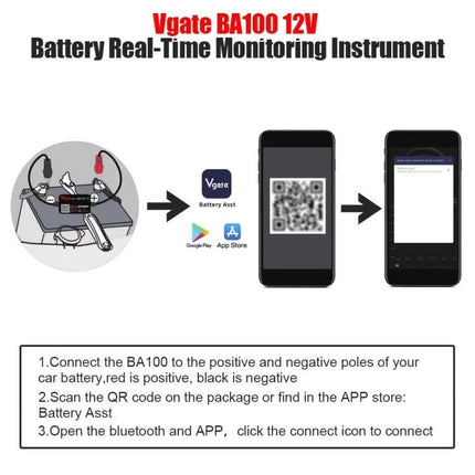 Vgate Device for Daily Car Battery Health Monitoring - BA100 plug to battery with Bluetooth app setup on smartphone
