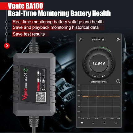 Vgate Device for Daily Car Battery Health Monitoring showing BA100 device connected to battery with smartphone app reading 12.94V and real-time status