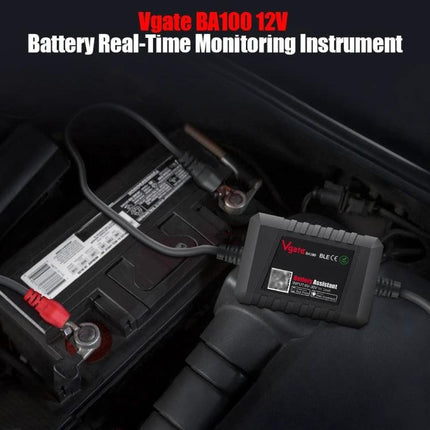 Vgate Device for Daily Car Battery Health Monitoring connected to car battery showing real-time Bluetooth monitoring via smartphone app
