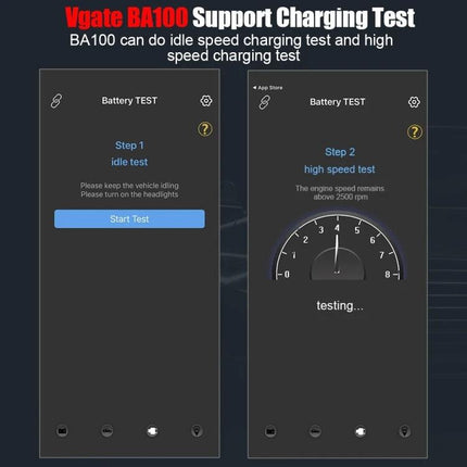 Vgate Device for Daily Car Battery Health Monitoring app screens showing idle test and high speed charging test