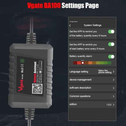 Vgate Device for Daily Car Battery Health Monitoring showing Vgate BA100 device and app settings screen