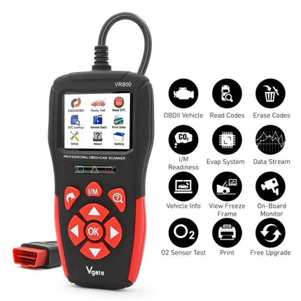 Vgate VR800 Code Reader for Daily Vehicle Diagnostics handheld OBDII scanner showing screen, buttons and feature icons