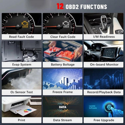 Vgate VR800 Code Reader for Daily Vehicle Diagnostics showing 12 OBD2 functions like read fault code, battery voltage, freeze frame, data stream