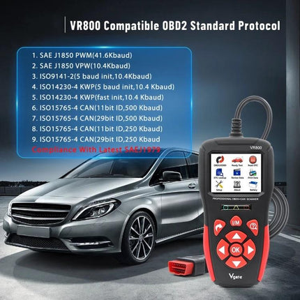 Vgate VR800 Code Reader for Daily Vehicle Diagnostics handheld OBD2 scanner shown with car and cable