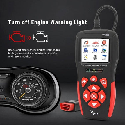 Vgate VR800 Code Reader for Daily Vehicle Diagnostics handheld OBD2 scanner with screen showing live data and red connector