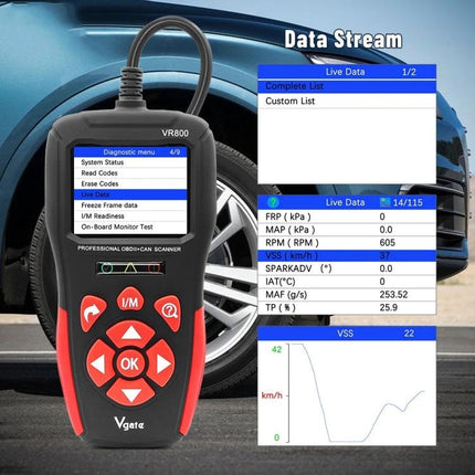 Vgate VR800 Code Reader for Daily Vehicle Diagnostics handheld OBDII scanner showing live data stream and diagnostic menu