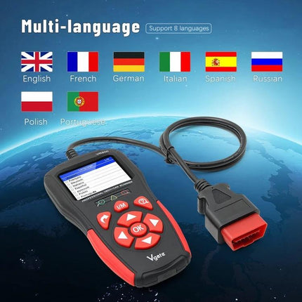 Vgate VR800 Code Reader for Daily Vehicle Diagnostics handheld OBD2 scanner with multi-language support and red OBD-II connector