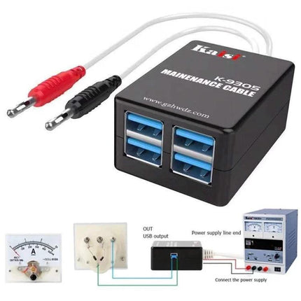 Kaisi Power Supply Activation Cable for iPhone 6 to 14 Pro Max - maintenance cable with banana clips and 4-port USB output for testing and repairs