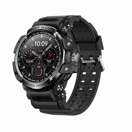 A Practical Smart Watch for Everyday Connectivity rugged black smartwatch showing fitness stats and call notifications on wrist-friendly display