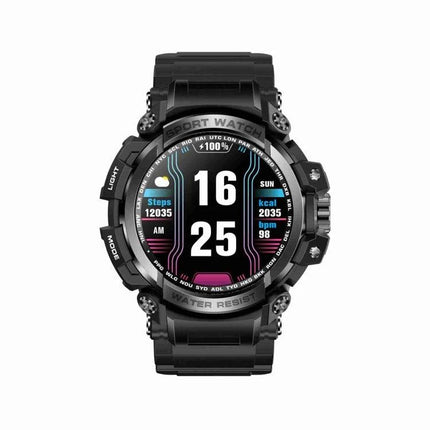 A Practical Smart Watch for Everyday Connectivity - rugged black smartwatch showing time, steps, calories and notifications