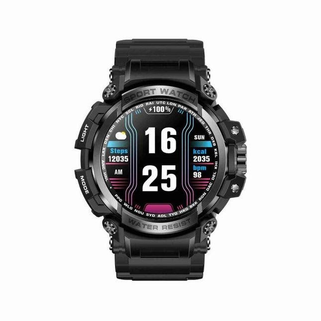 A Practical Smart Watch for Everyday Connectivity - rugged black smartwatch showing time, steps, calories and notifications