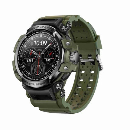 A Practical Smart Watch for Everyday Connectivity - rugged green smartwatch showing time, fitness stats, and notifications on wrist-ready display