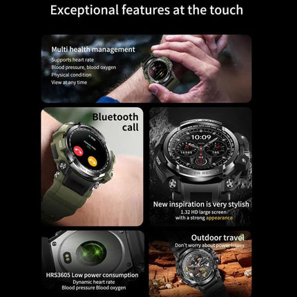 A Practical Smart Watch for Everyday Connectivity showing calls, health tracking, and rugged outdoor features on wrist