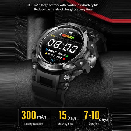 A Practical Smart Watch for Everyday Connectivity showing digital display, 300mAh battery, 15 days standby and 7-10 days duration