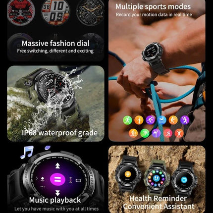 A Practical Smart Watch for Everyday Connectivity showing rugged waterproof design, sports modes, call notifications and music playback on wrist