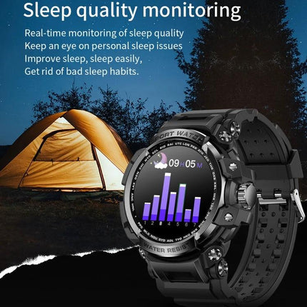A Practical Smart Watch for Everyday Connectivity showing sleep quality monitoring graph on wrist with camping tent background