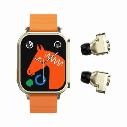 Watch That Doubles as Earphones for Daily Workouts and Calls - orange strap smartwatch with detachable gold Bluetooth earphones and 1.96-inch HD screen
