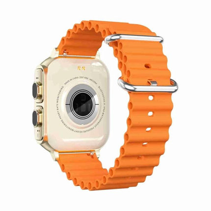 Watch That Doubles as Earphones for Daily Workouts and Calls - gold smartwatch with orange silicone strap showing rear sensor and side buttons