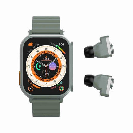 Watch That Doubles as Earphones for Daily Workouts and Calls — green smartwatch with detachable earbuds, 1.96-inch HD screen showing health data