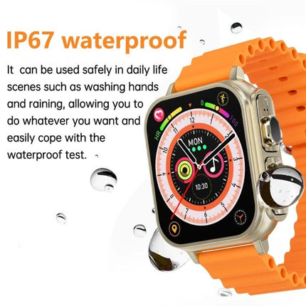 Watch That Doubles as Earphones for Daily Workouts and Calls - orange strap smartwatch with 1.96-inch HD screen showing health widgets and water droplets (IP67)