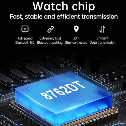 Watch That Doubles as Earphones for Daily Workouts and Calls showing a high-speed Bluetooth 5.0 chip 8762DT and icons for fast pairing, 30m range, and efficient transmission