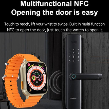 Watch That Doubles as Earphones for Daily Workouts and Calls showing watch with NFC unlocking a smart door lock, 1.96-inch HD screen visible