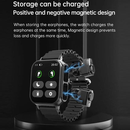 Watch That Doubles as Earphones for Daily Workouts and Calls showing magnetic charging earbuds stored on a 1.96-inch HD screen smartwatch