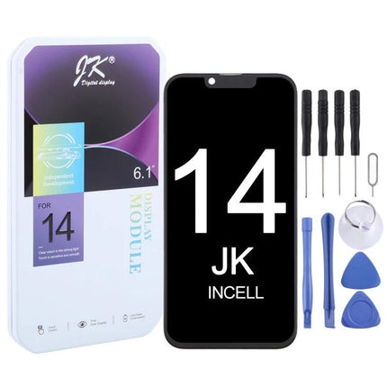 JK inell LCD Screen for Everyday iPhone 14 Repairs replacement display kit showing screen, tools, and packaging for DIY phone repair