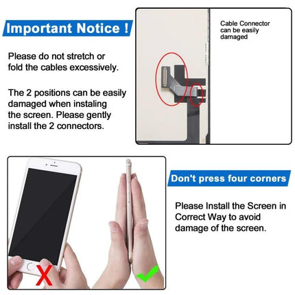 JK inell LCD Screen for Everyday iPhone 14 Repairs warning graphic showing cable connector caution and correct screen handling