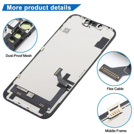 JK inell LCD Screen for Everyday iPhone 14 Repairs replacement display assembly showing flex cable, dust-proof mesh and middle frame