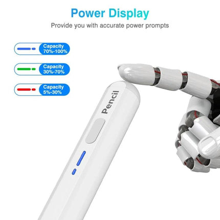 BP16 Universal Stylus Pen for Touch Screens on Phones and Tablets showing power display LED and POM tip with robotic fingertip