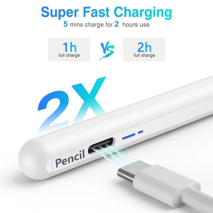 BP16 Universal Stylus Pen for Touch Screens on Phones and Tablets shown charging via USB-C port highlighting super fast charging and POM tip