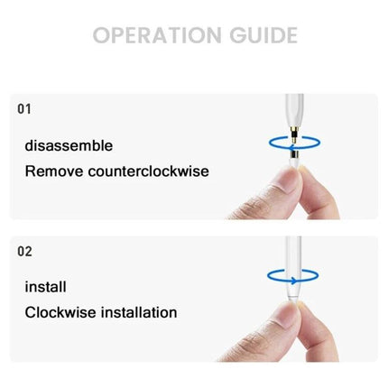 BP16 Universal Stylus Pen for Touch Screens on Phones and Tablets showing disassemble (remove counterclockwise) and install (clockwise) operation guide