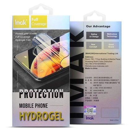 Imak Curved Hydrogel Screen Protector For Smartphone Displays packaging showing full coverage hydrogel film and mobile phone protection