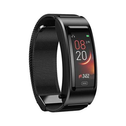 B7 Bluetooth Bracelet for Daily Health Tracking Essentials — black wearable showing heart rate, blood pressure display and integrated earphone hands-free design
