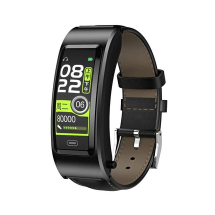 B7 Bluetooth Bracelet for Daily Health Tracking Essentials - black wearable showing heart rate, steps and time with leather strap