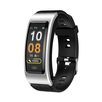 B7 Bluetooth Bracelet for Daily Health Tracking Essentials showing black wearable with touchscreen displaying time, steps and heart-rate icons